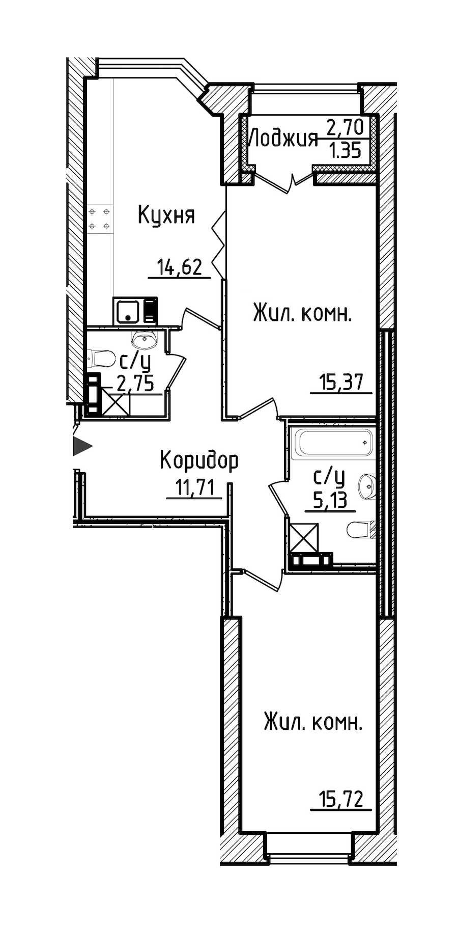 Двухкомнатная квартира в : площадь 66.65 м2 , этаж: 3 – купить в Санкт-Петербурге